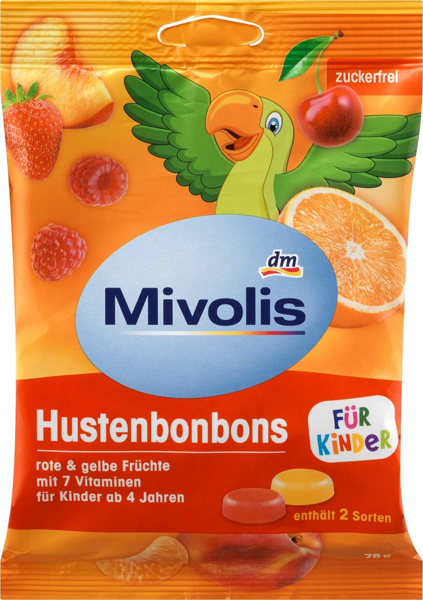 

Mivolis Bonbon, rote und gelbe Früchte für Kinder Детские конфеты от кашля с витаминами без сахара 75 г