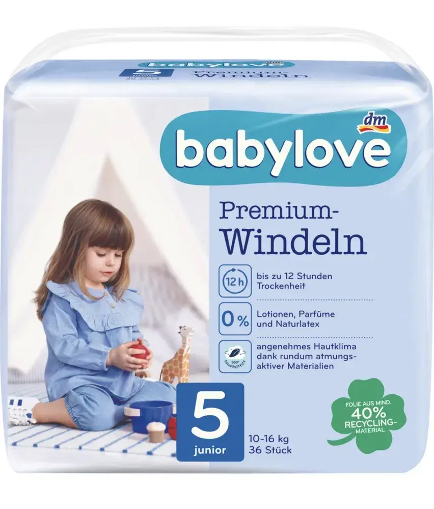 

Підгузки преміум-класу babylove premium-windeln junior "5", 10-16 кг, 36 шт. (Німеччина)