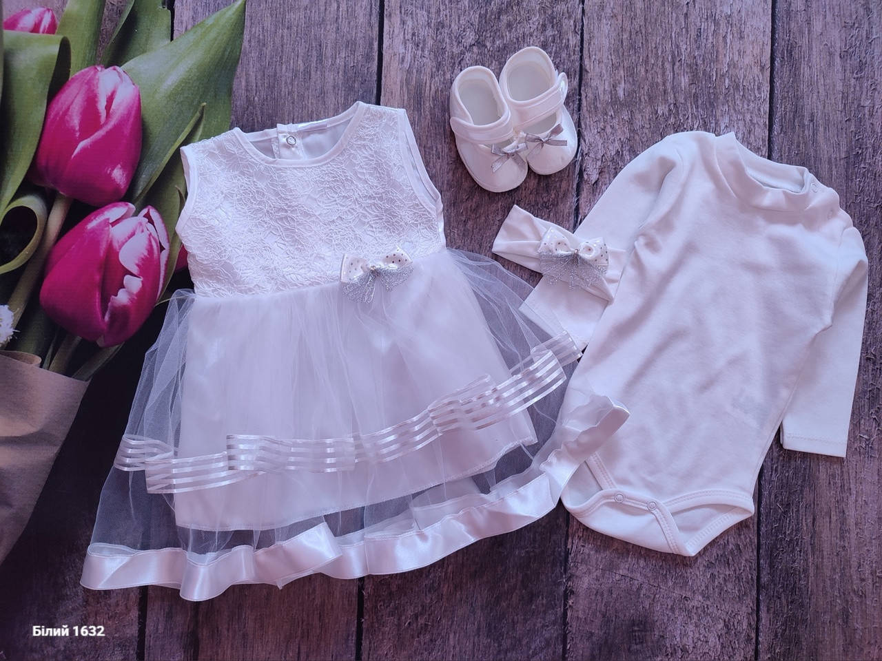 

Нежный комплект одежды, платье для новорожденной девочки 0-3 мес. Белый