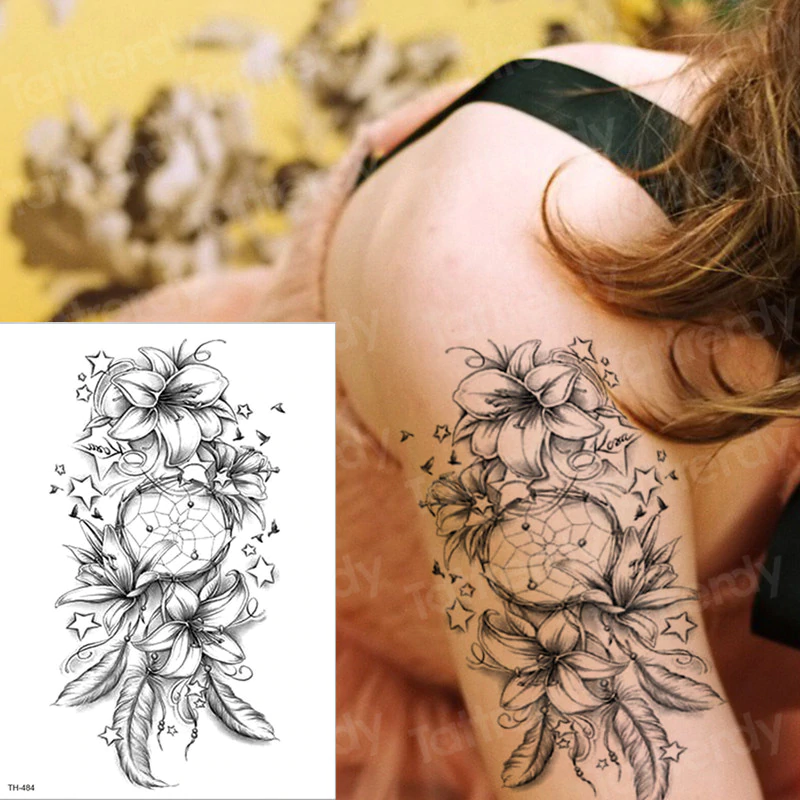 

Флеш тату. 21*15 см. Временная. Переводная, Цветы и Бабочки, Минимализм, Ловец Снов, Лотосы, TH-484 (S), Ч/Б