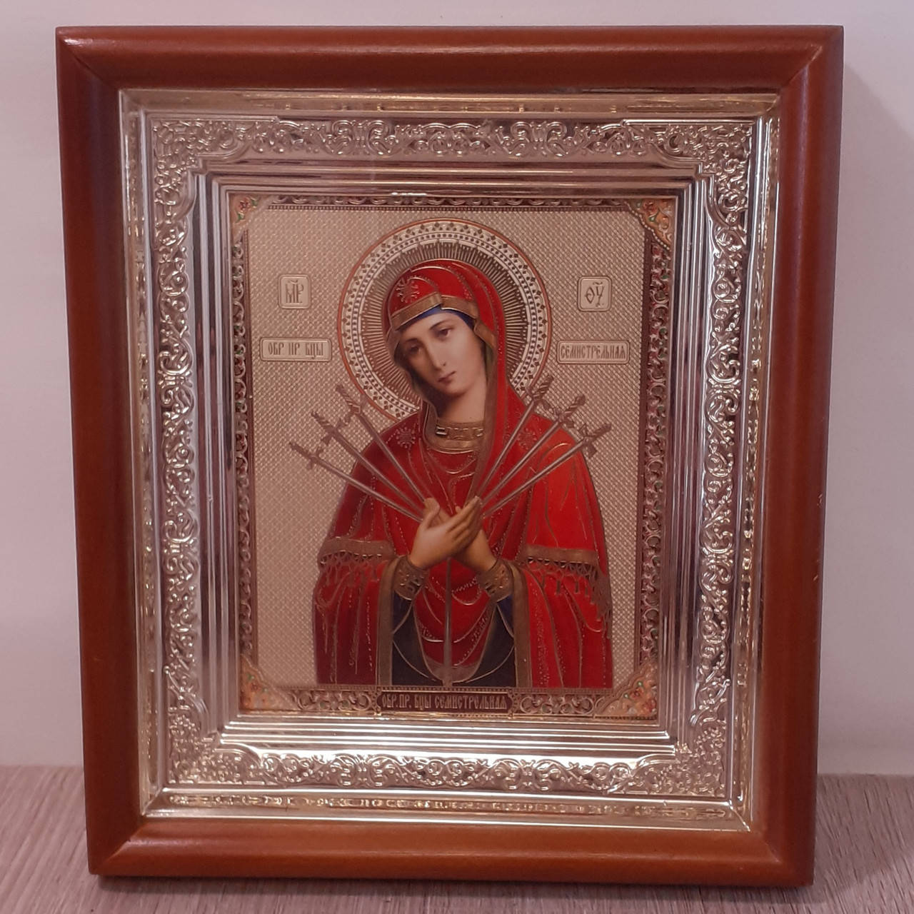

Икона Пресвятая Богородица Семистрельная, лик 10х12 см, в светлом прямом деревянном киоте