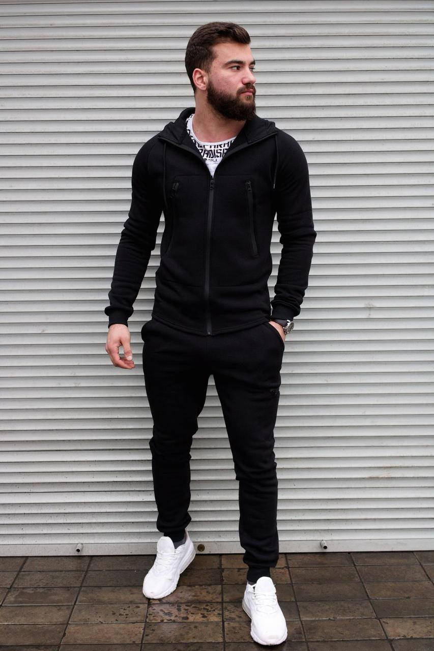 

Мужской утепленный спортивный костюм с капюшоном черного цвета, Черный