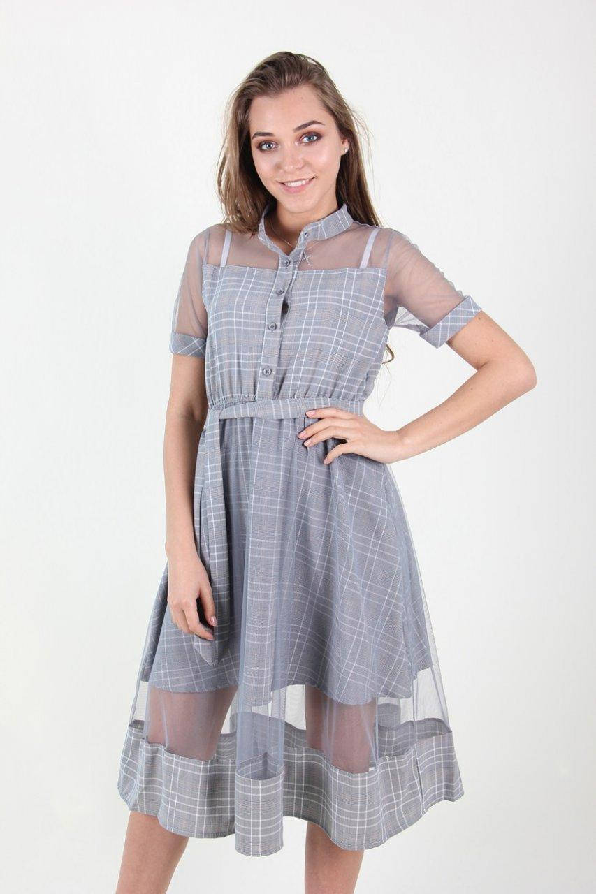 

Светло-серое платье в клетку с юбкой солнце-клеш