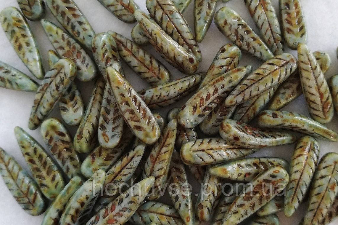 

Bird Feather Beads 5x17 mm (1 шт) Alabaster Green Picasso