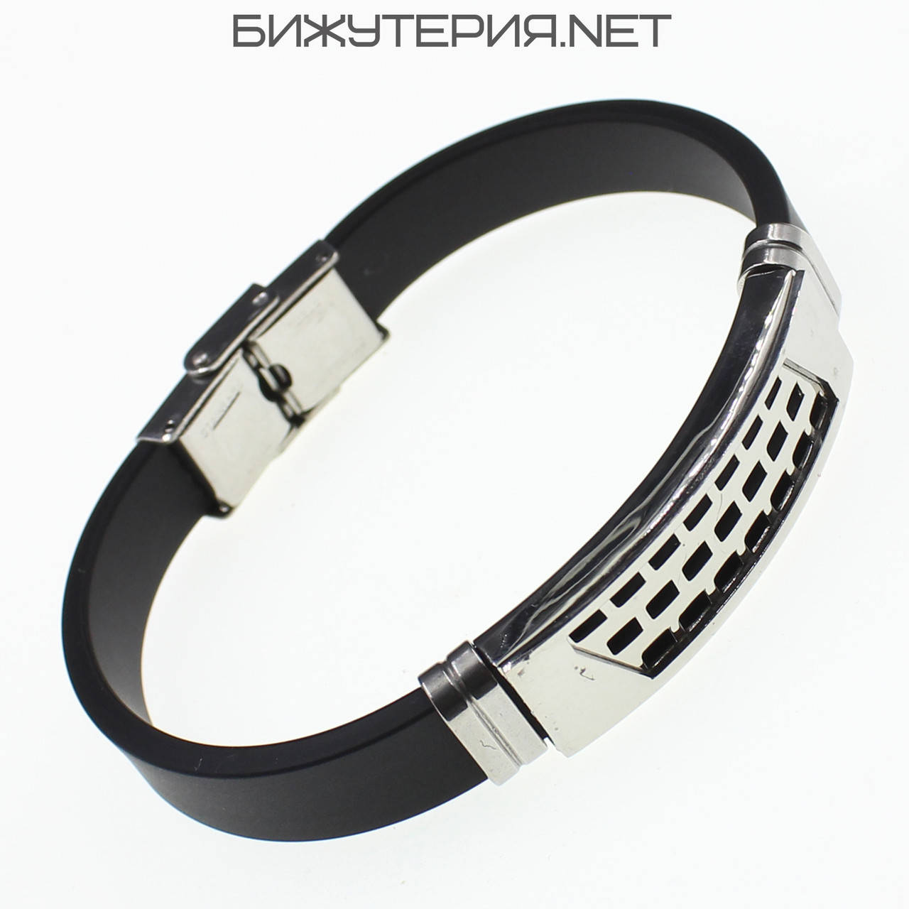 

Мужской браслет чёрный каучуковый стальная серебристая вставка Stainless Steel длина 21 см ширина 10 мм