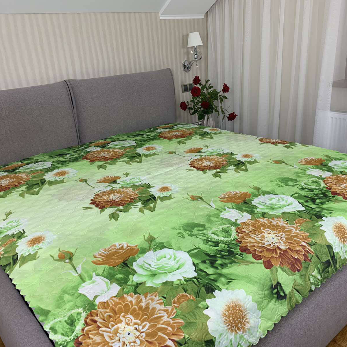 

Летнее одеяло покрывало "Цветы" двуспальное, 175/205, Зелёный