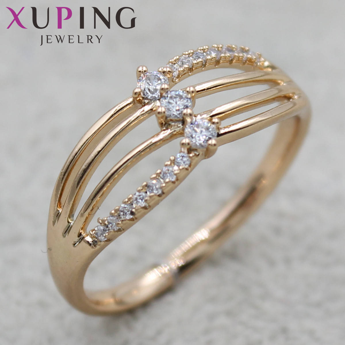 

Колечко золотистое тонкое трёхслойное Xuping Jewelry с белыми кристаллами медицинское золото 18K