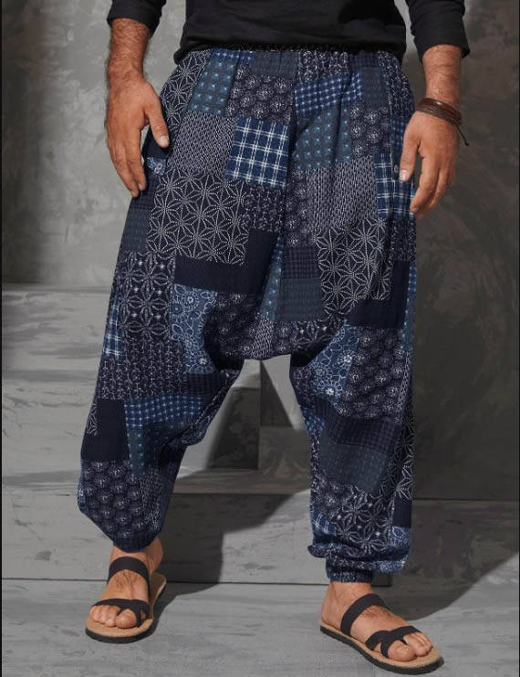 

Мужские штаны с мотней для йоги и прогулок синие широкие с карманами