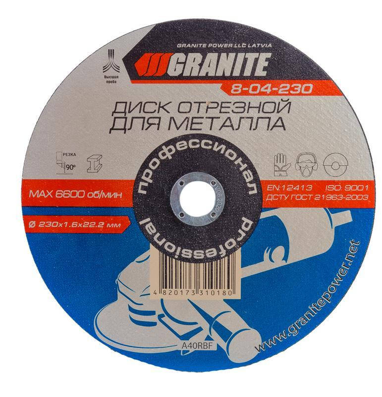 

Диск абразивный отрезной для металла GRANITE 230х1.6х22.2 мм 8-04-230 Perry