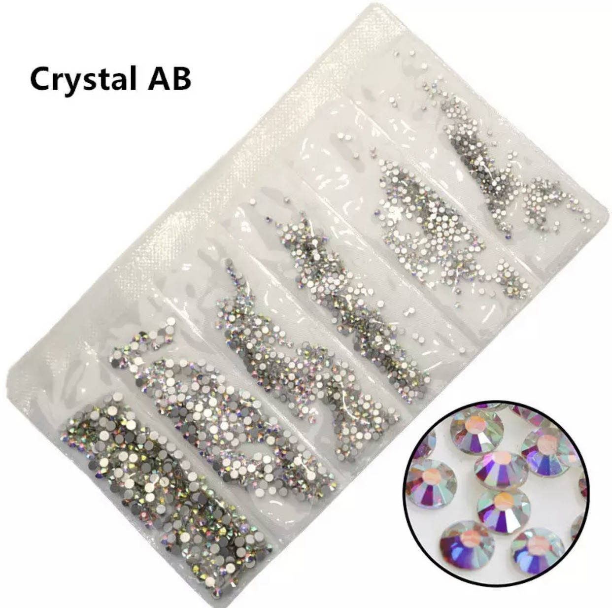 

Стразы,фасованные по размерам (от ss3 до ss10), цвет Crystal AB 1200 шт