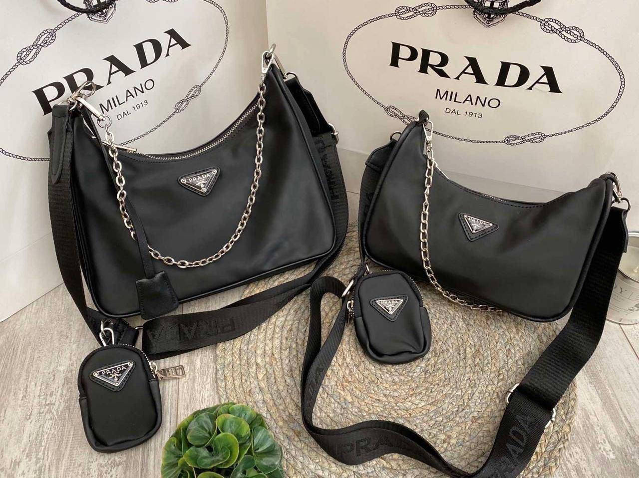 

Женская брендовая чёрная сумка prada прада двойка 2в1, Черный