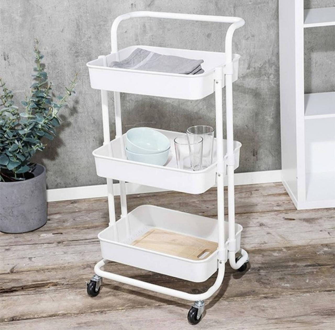 

Этажерка стеллаж металлический белого цвета на 3 полки на колесах, Белый