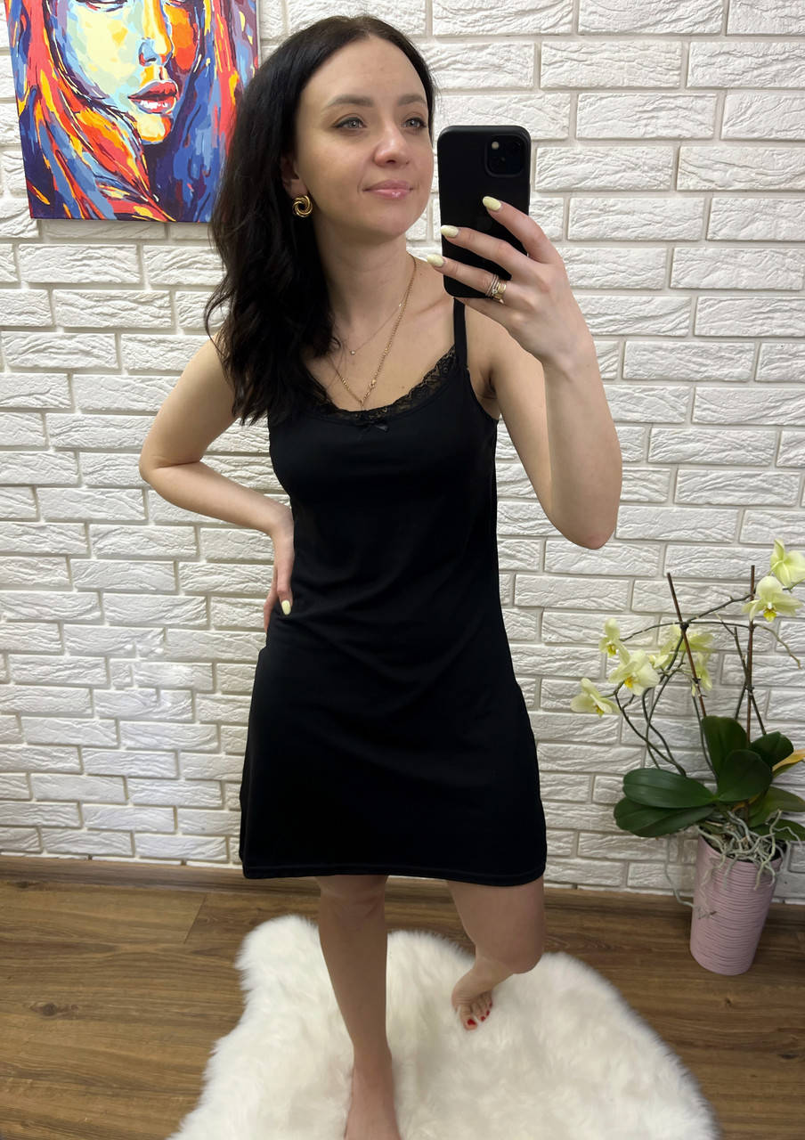 

Ночнушка женская черная на тонких бретелях, ночная рубашка для девушки, Черный