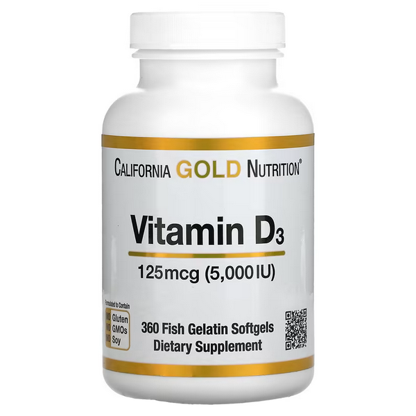 

Вітамін Д3, Vitamin D3, California Gold Nutrition, 125 мкг (5,000 МО), 360 капсул