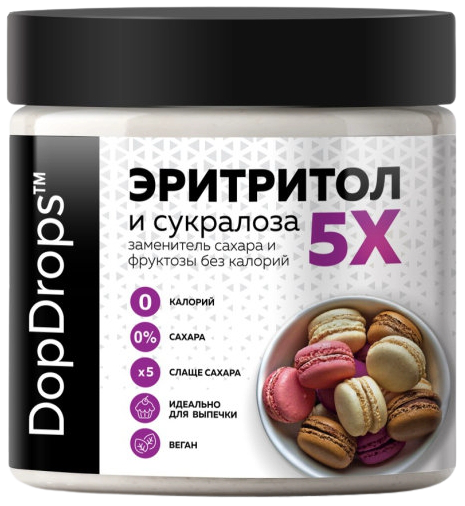 

Сахарозаменитель DopDrops™ Эритритол и Сукралоза 5x (1:5) ПЭТ банка (450 грамм)