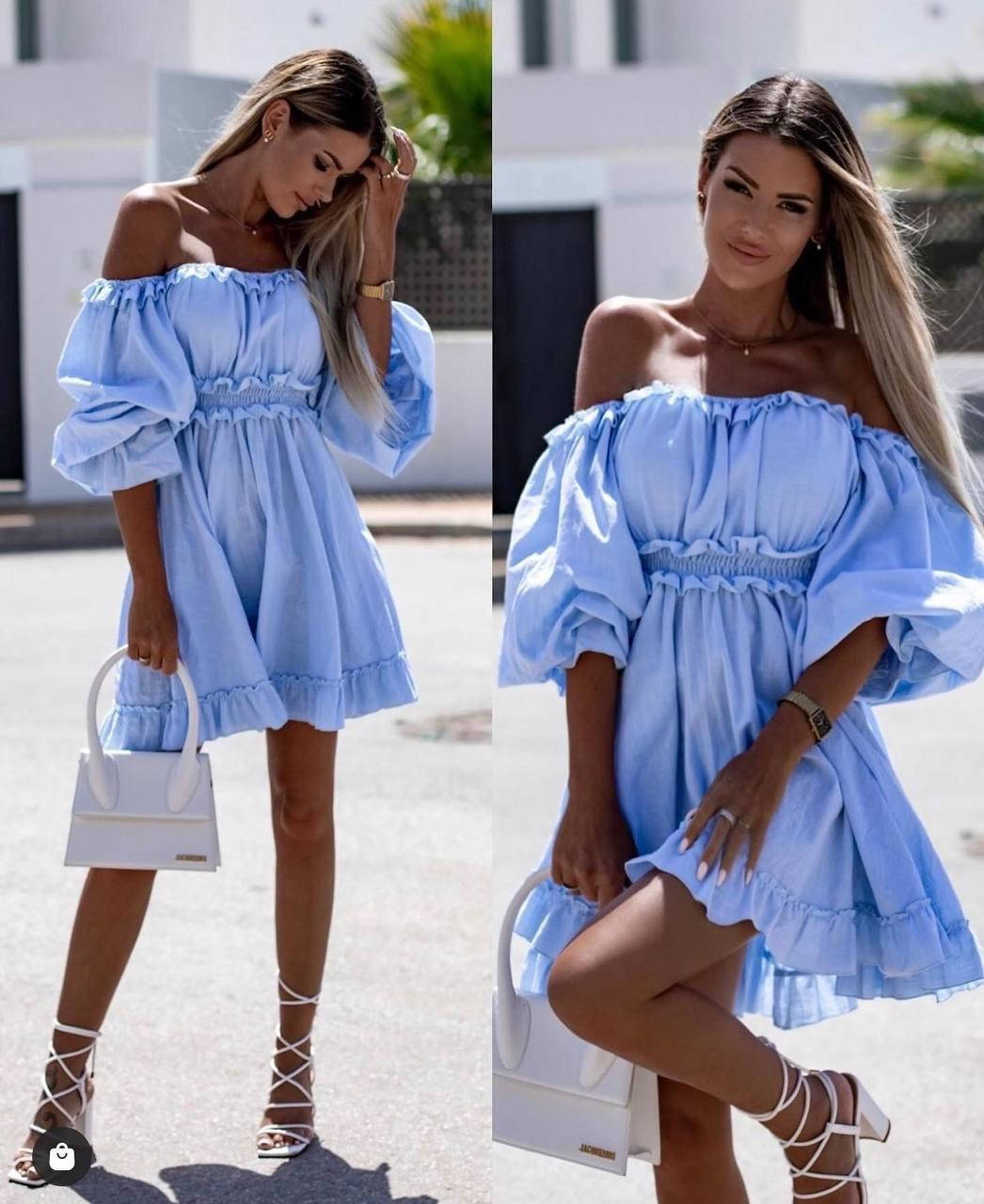 

Стильное женское короткое летнее платье сарафан со спещеными рукавами-фонариками однотонное р 42-44 46-48