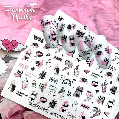 

Слайдер дизайн наклейки на ногти для маникюра водные Fashion Nails W 86 sexy ноги тело, Розовый