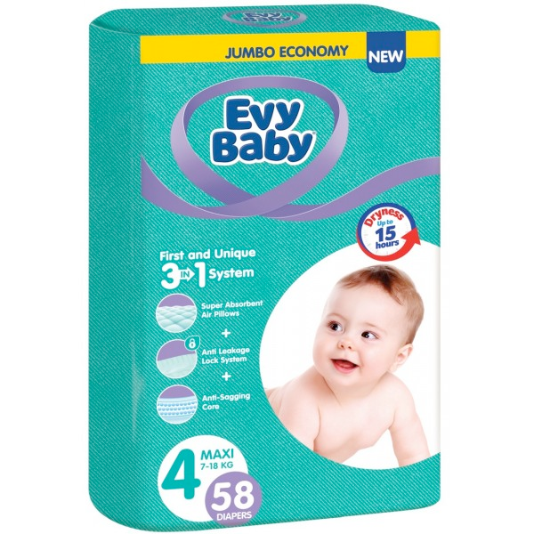 

Дитячі підгузки Evy Baby Maxi Jumbo 4 (7-18 кг) 58 шт., Белый