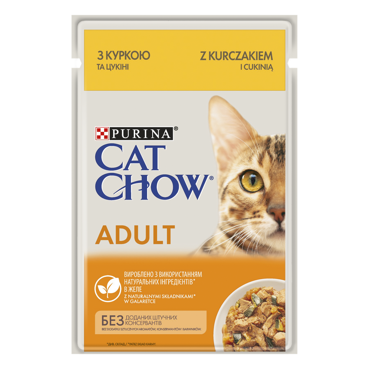 

Влажный корм для кошек Purina® Cat Chow® Adult нежные кусочки в желе с курицей и цукини 85 г 0.085 кг