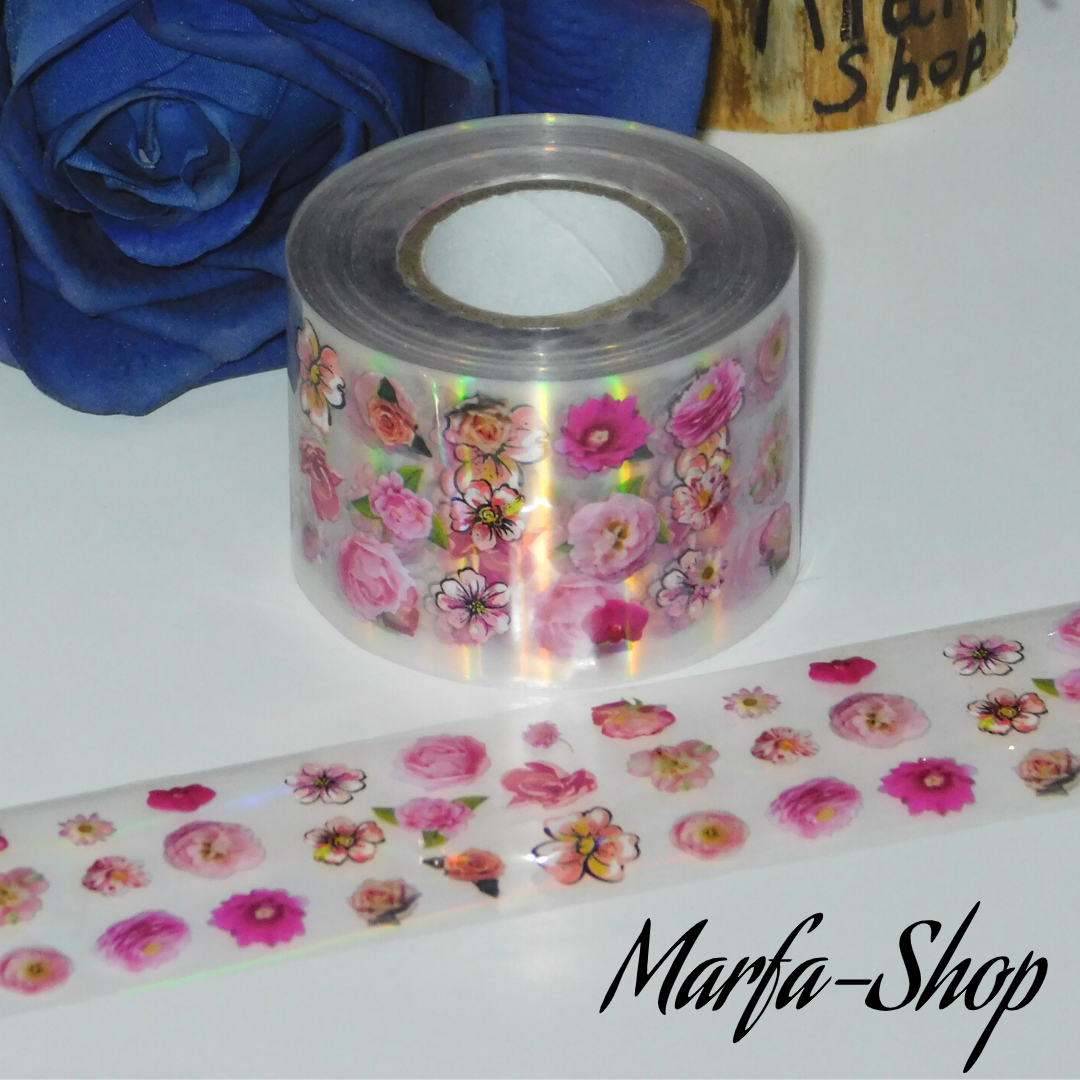 

100 см. Фольга для ногтей розовые цветы, тип 2-1, цветочная фольга для ногтей 1 метр, Розовый