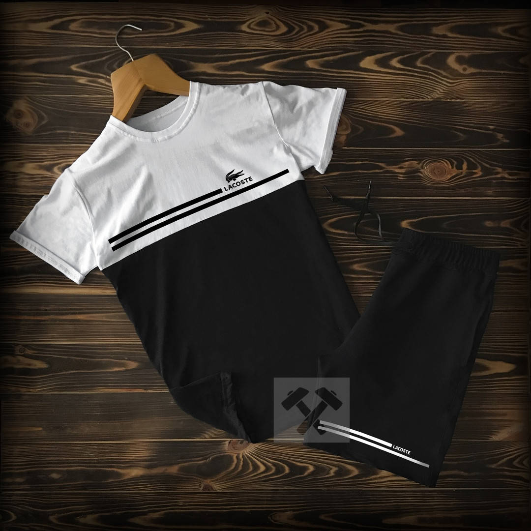 

Комплект мужской Футболка Шорты с принтом летний черно-белый | Спортивный костюм мужской на лето Лакоста