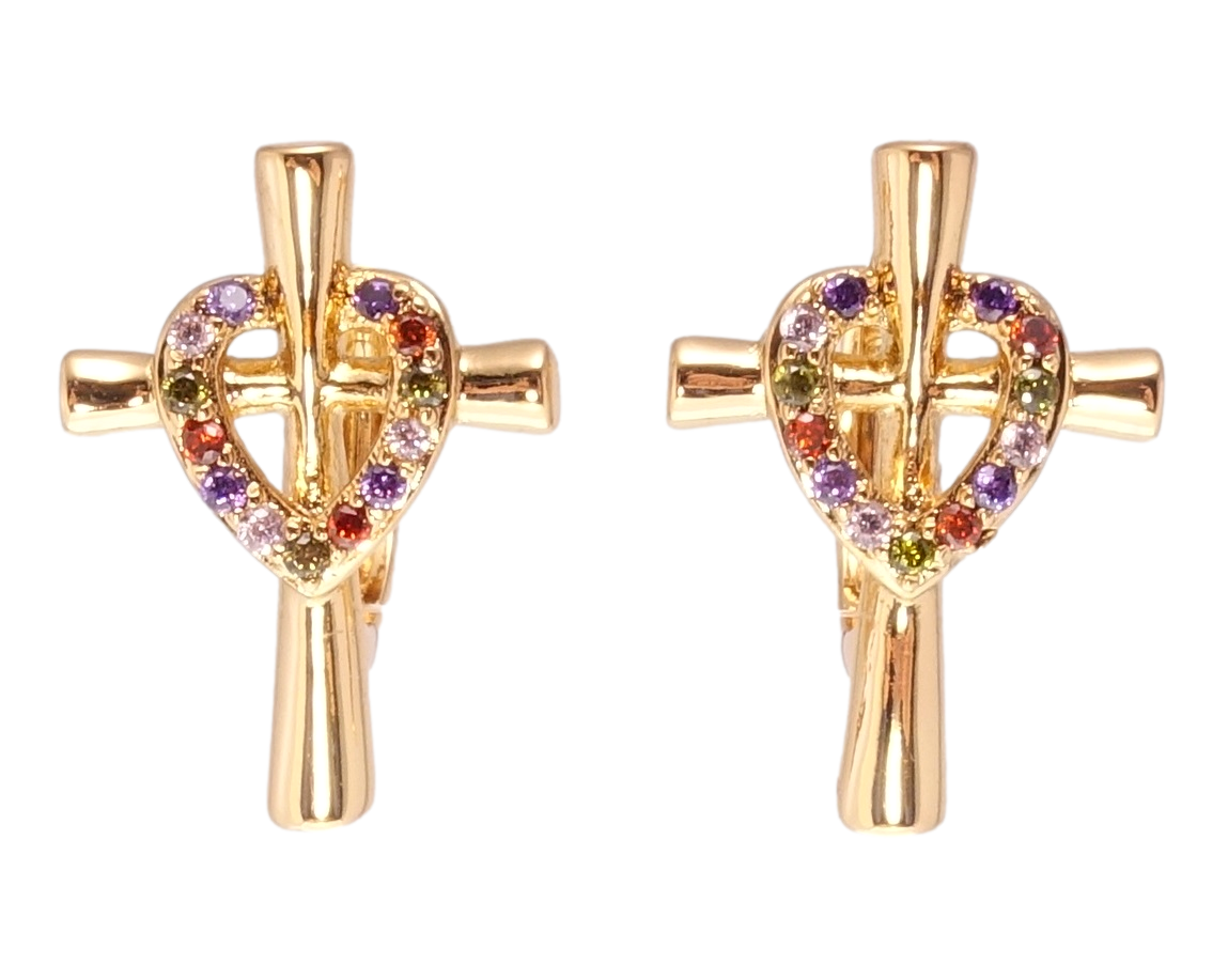 

Серьги Xuping Позолота 18K колечки "Крест с сердцем из цветного циркония"