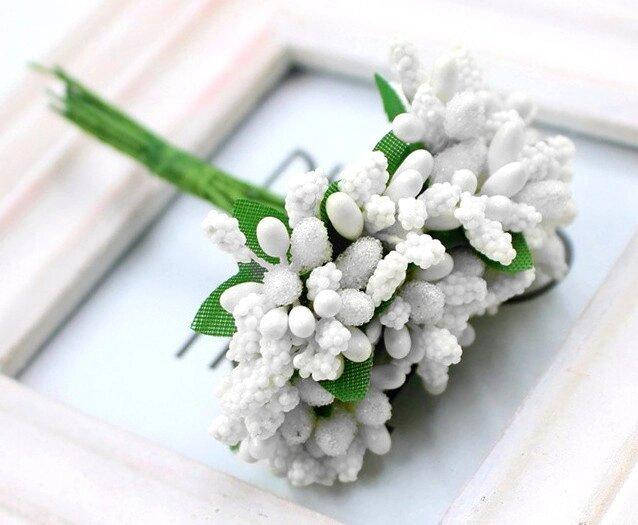 

Тычинки "Незабудка" на проволоке с листиками" (Цена за букетик) Цвет - Белый (сп7нг-9136)