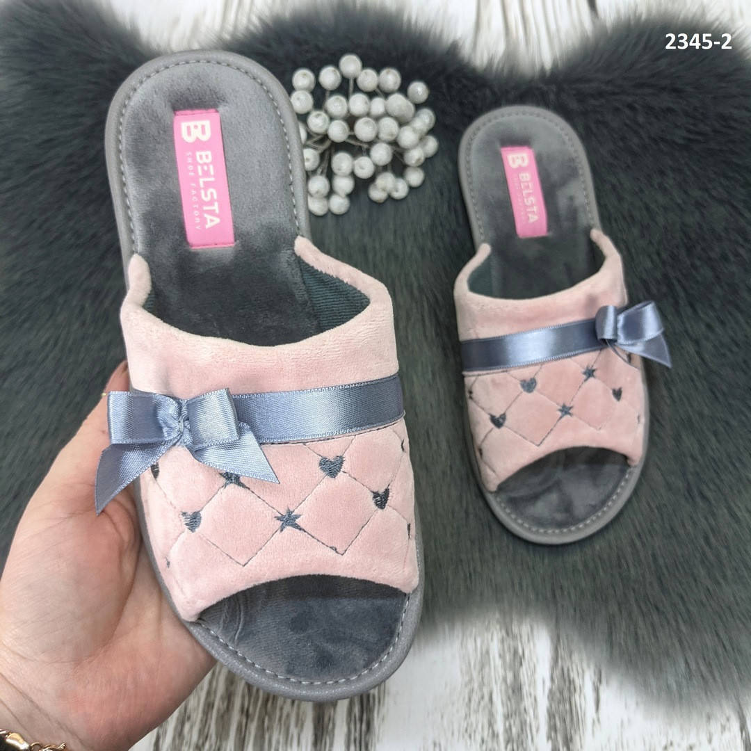 

Тапочки женские домашние Белста с открытым носком велюровые пудровые с серой стелькой, Розовый