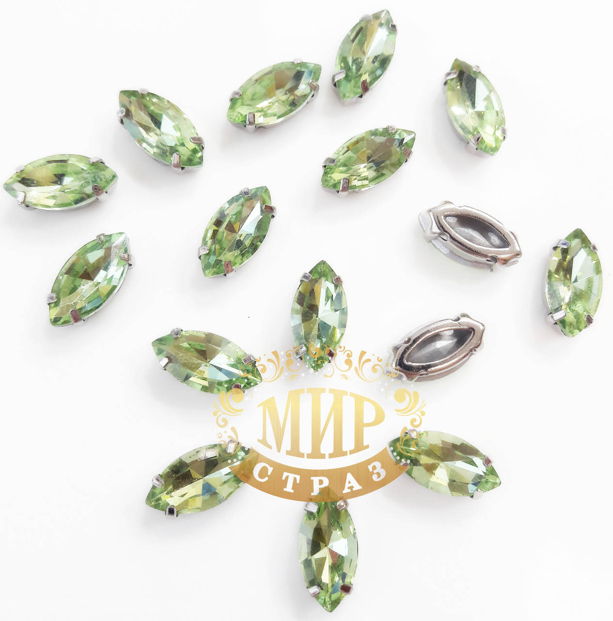 

Камни в цапах Люкс, форма Лодочка, цвет Peridot, 6х12мм, 1шт, Белый