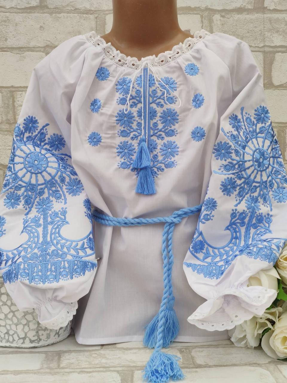 

Блуза с вышивкой "Птицы счастья" девочке, поплин, 110-146 рост