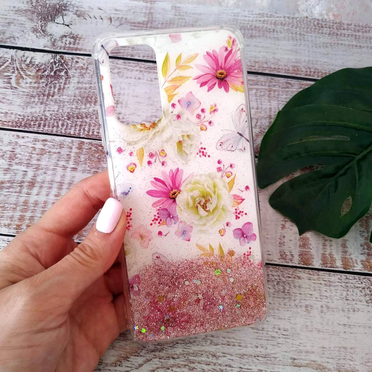 

Чехол Xiaomi Redmi 9Т / Poco M3 с блестками Цветы, Прозрачный