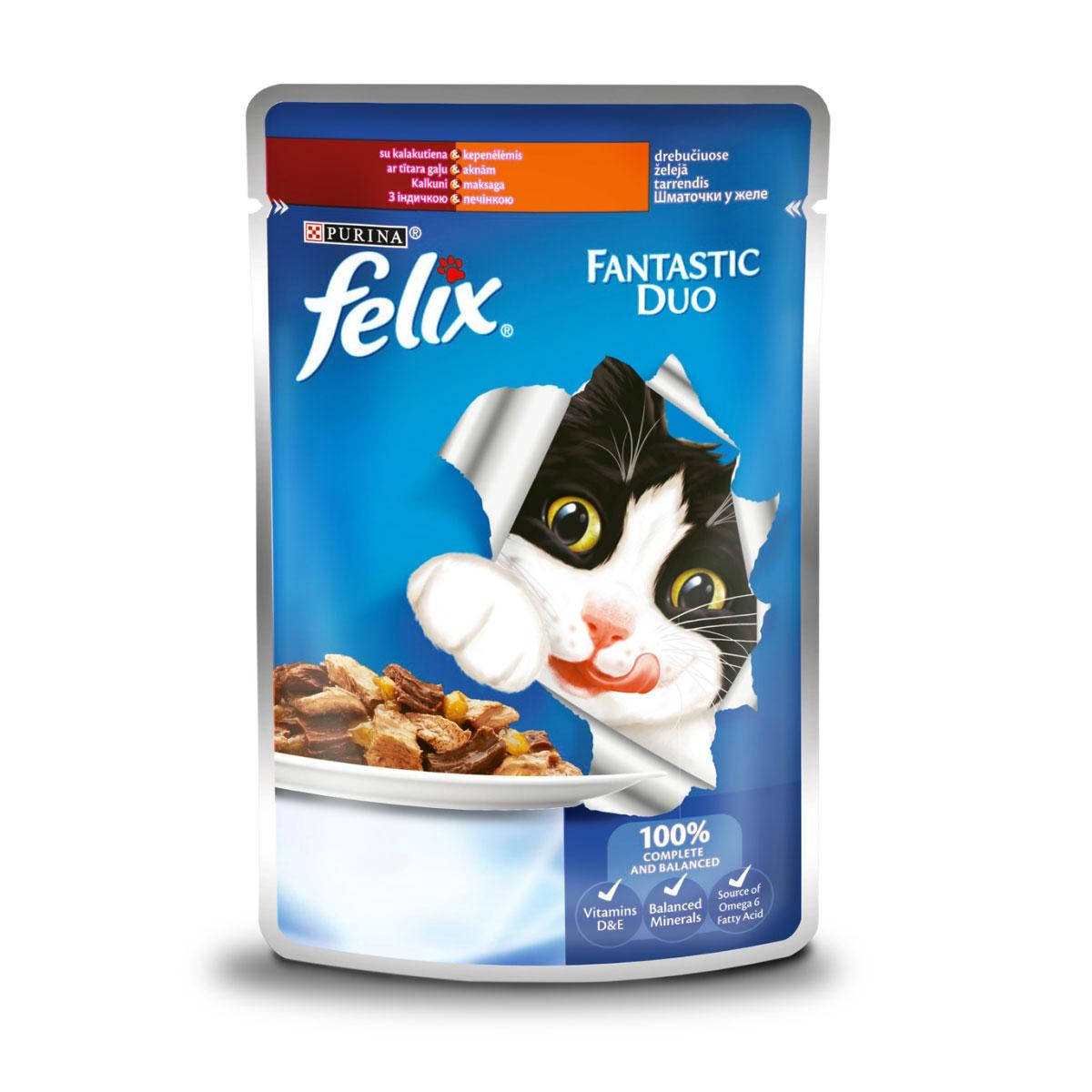 

Felix Fantastic Duo Консервы для кошек Кусочки в желе с индейкой и печенью 85 г Purina