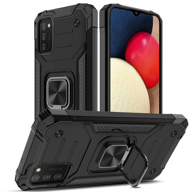

Противоударный чехол бампер Shield Defender Ring с подставкой для Samsung Galaxy A02S (2021) A025 Black, Черный