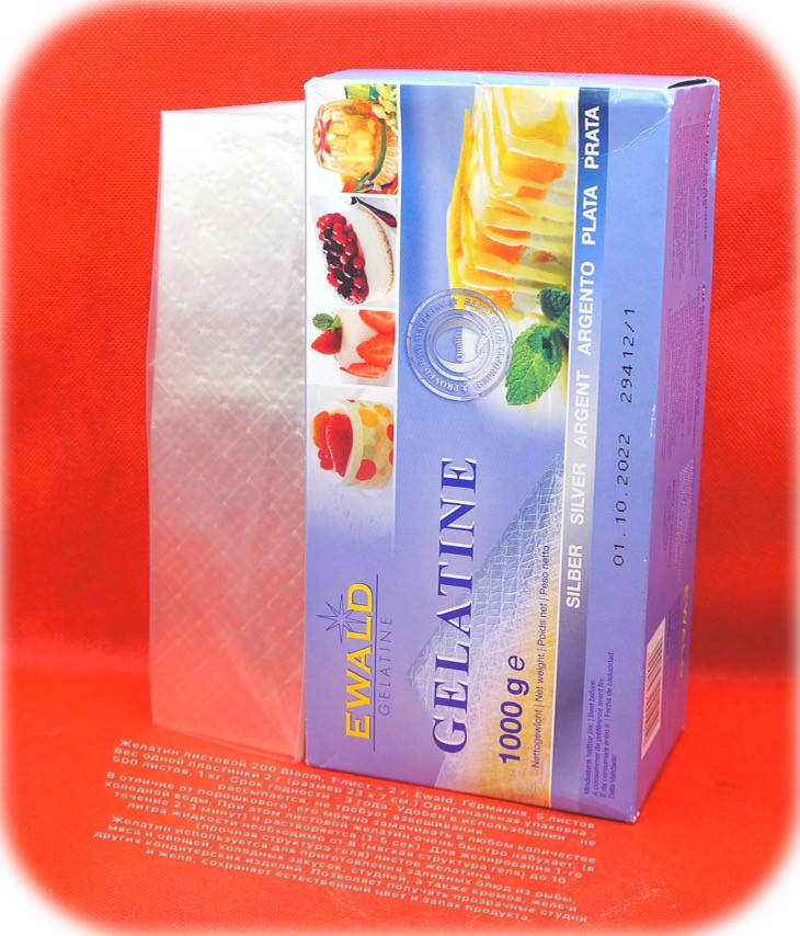 

Желатин листовой 200 Bloom ТМ Ewald,(Германия) 30 листов.(1 лист = 2.5 грамма.)