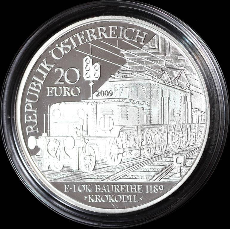 

Серебряная монета Австрии 20 евро 2009 г. Электрофикация железной дороги. Пруф