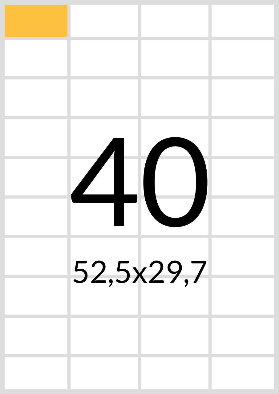 

Самоклеящаяся бумага А4 (матовая) - 40 этикеток на листе. Размер: 52,5х29,7 мм., Белый