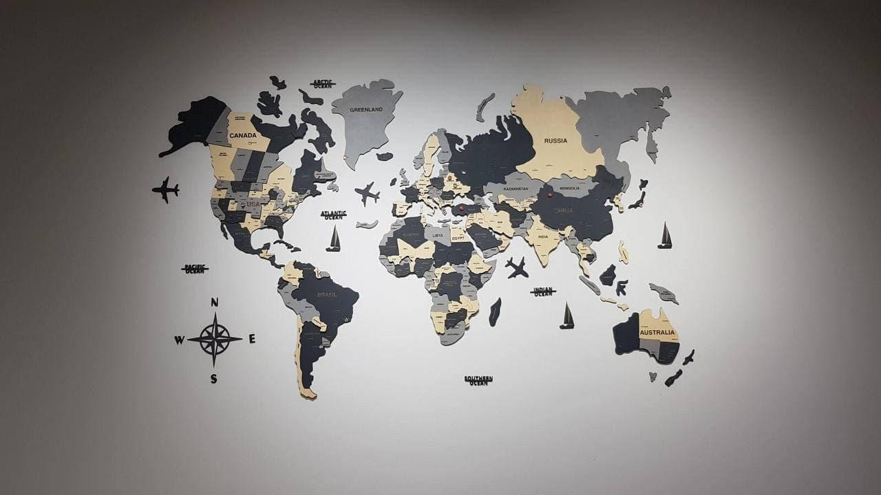 

Карта Мира на стену, деревянная многослойная со странами и столицами 3д 200х120 см