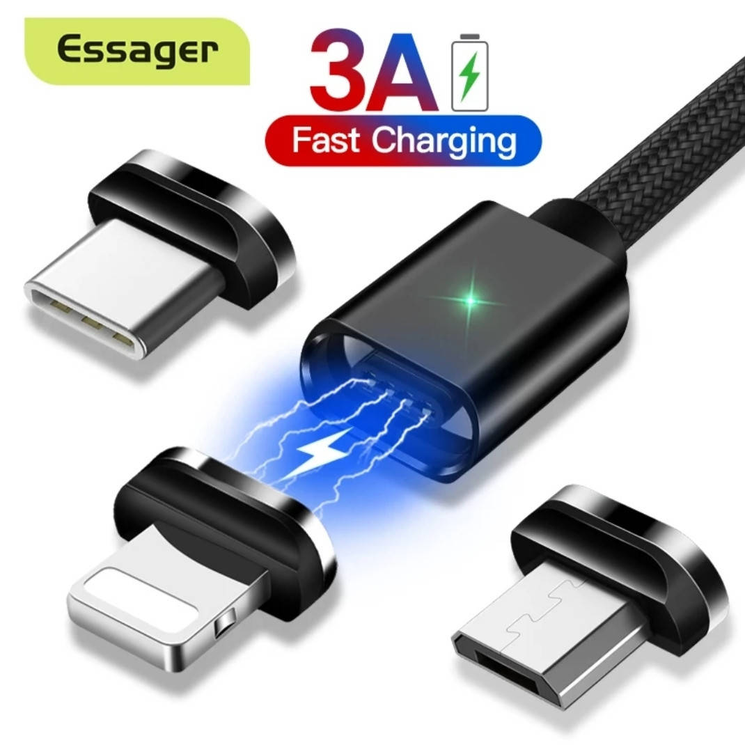 

Кабель для телефона магнитный USB ESSAGER с 3 коннекторами: Type C, Micro USB, Lightning iPhone 100 см., Черный