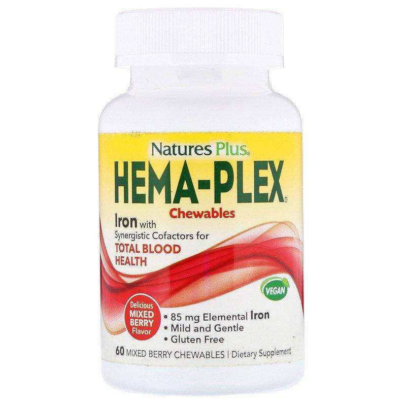 

Железо, ягодное ассорти, Nature's Plus, Hema-Plex, 60 жевательных пастилок