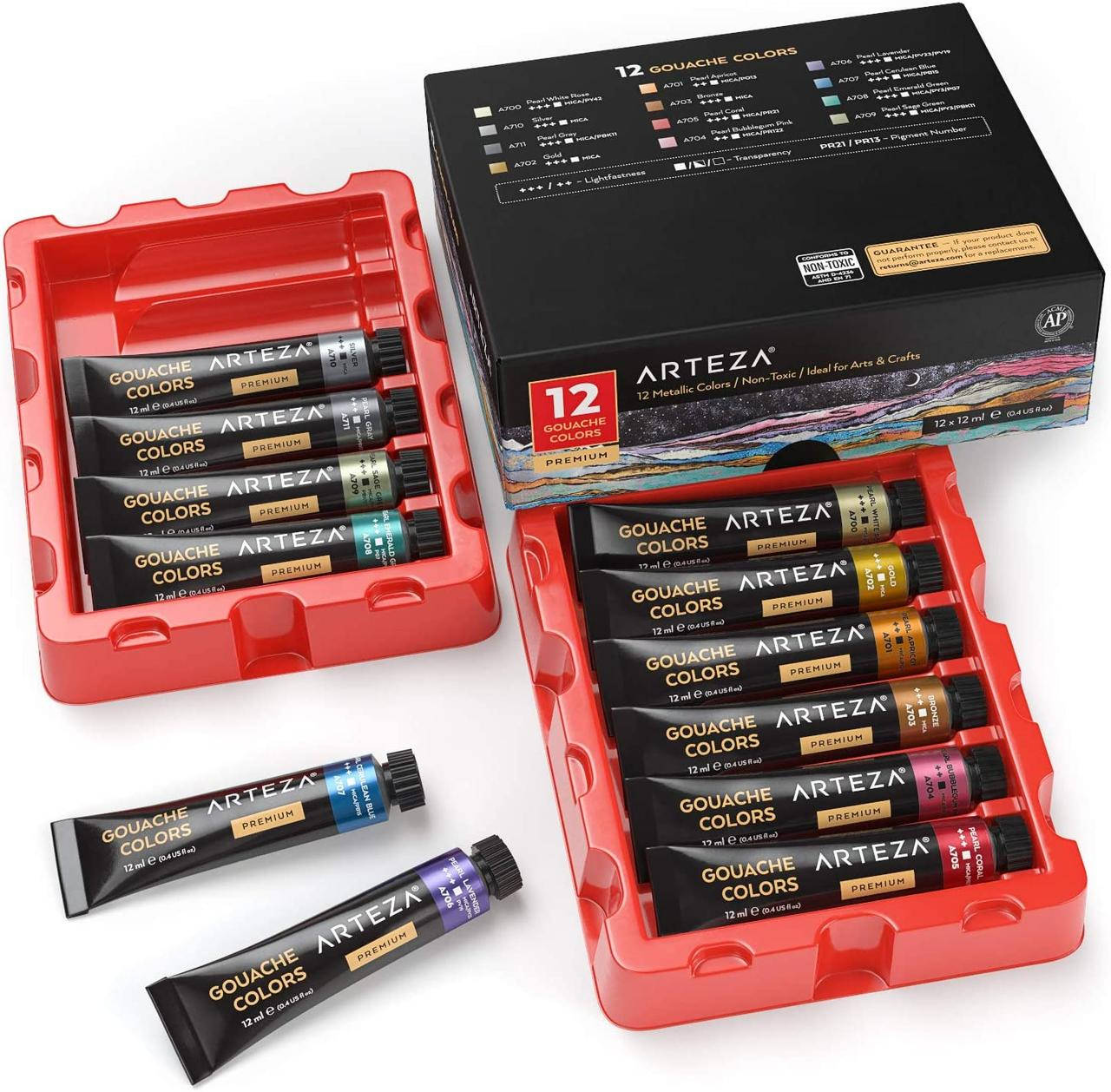 

Гуашевые краски с металлическим эффектом Arteza Metallic Gouache Paint, 12 Colors 12 мл ARTZ-8563, Разные цвета