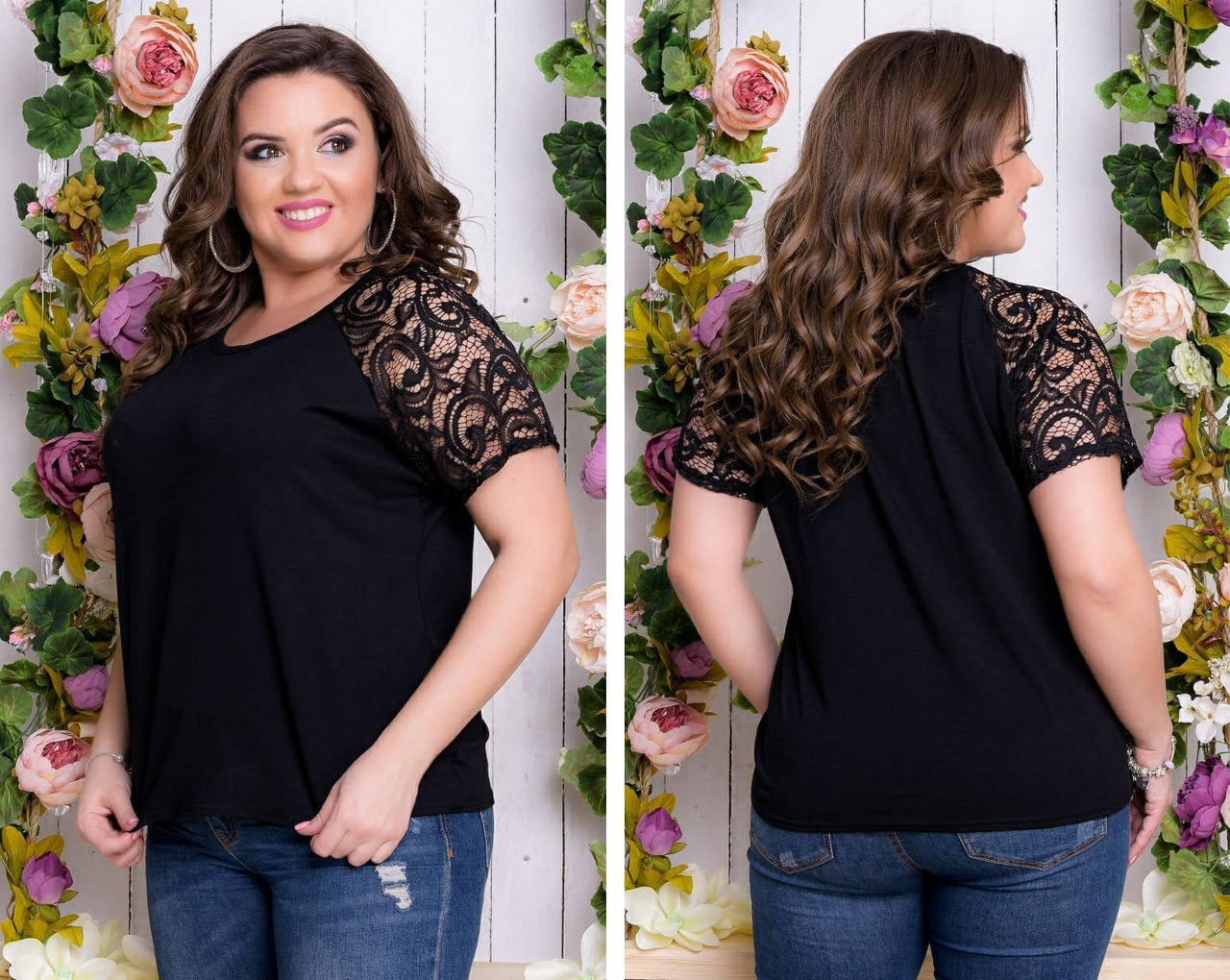 

Футболка БАТАЛ рукав гипюр в расцветках 761912, Черный