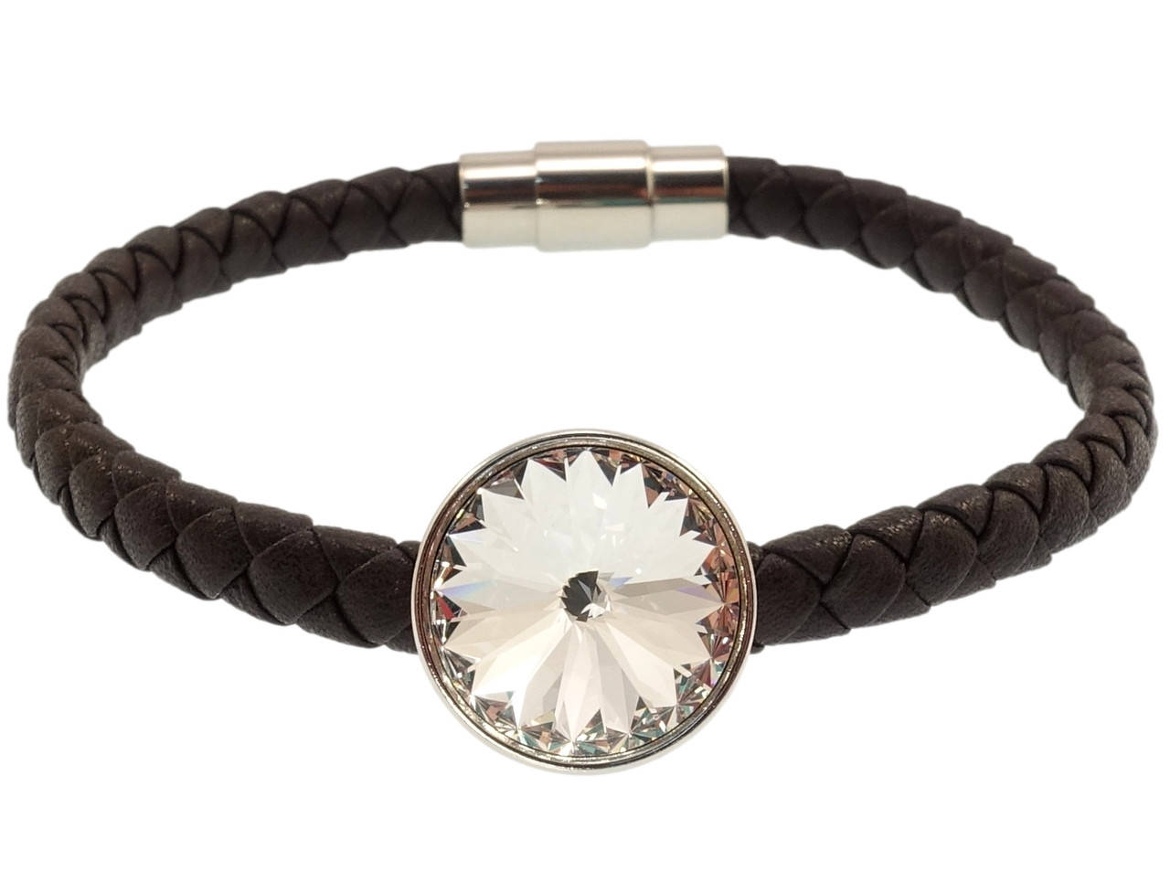 

Браслет Xuping Родий с кр-ми Swarovski "Кожаный корич. шнур магнитная застежка, Clear ø 15мм" длина 19,5см