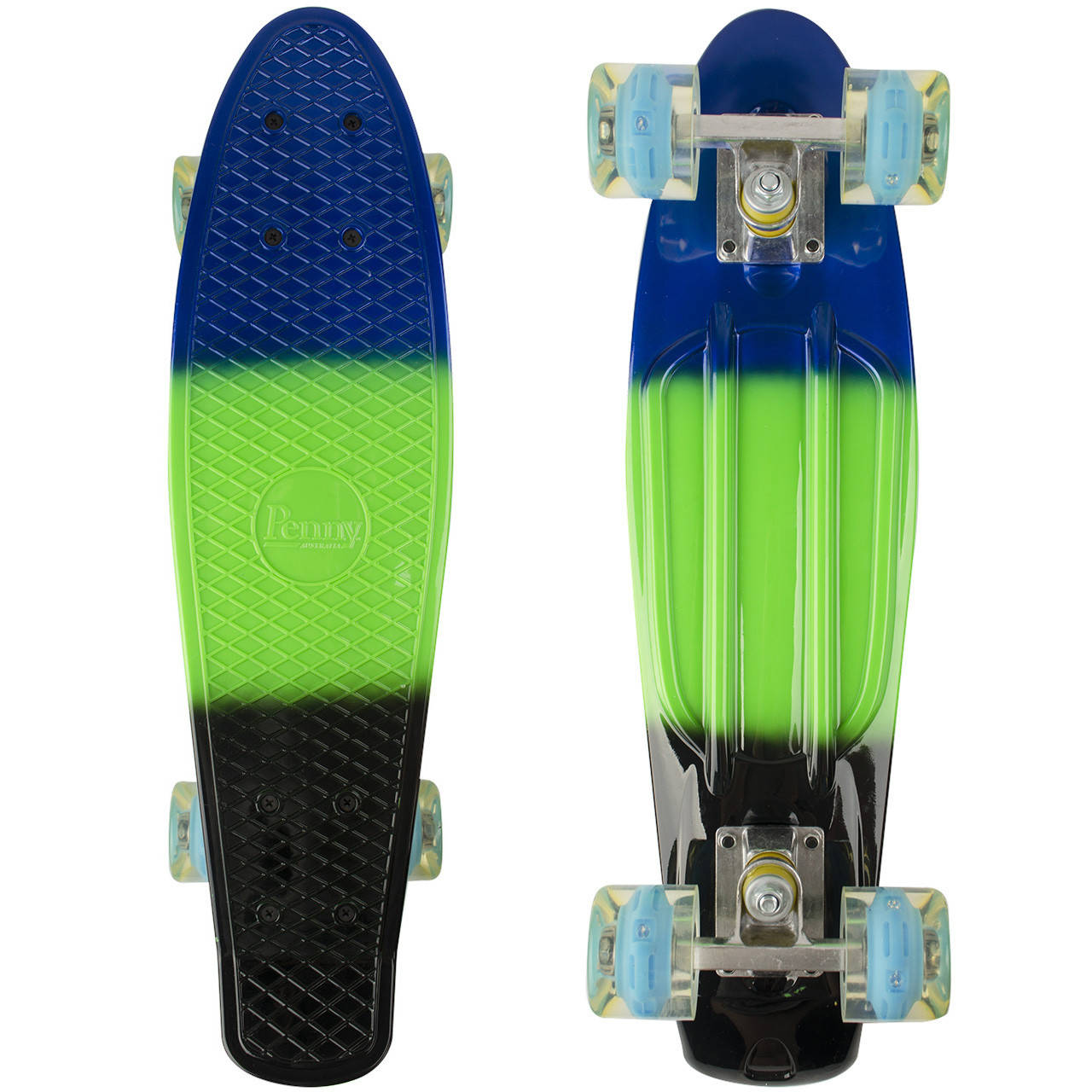 

Пенни борд трехцветный синий зеленый черный penny board со светящимися колесами, Разные цвета