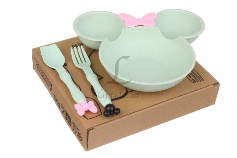 

Детская эко тарелка с ложкой и вилкой Маус ментол, тарелка 19,5х21см, ложка 16х3,2см, вилка 15,5х2,5см,