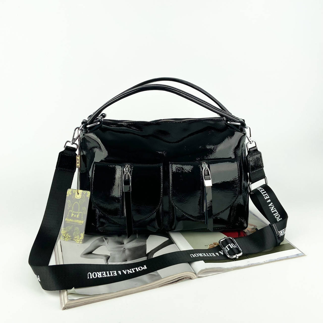 

Женская кожаная лаковая сумка на и через плечо с текстильным ремешком Polina & Eiterou черная, Черный