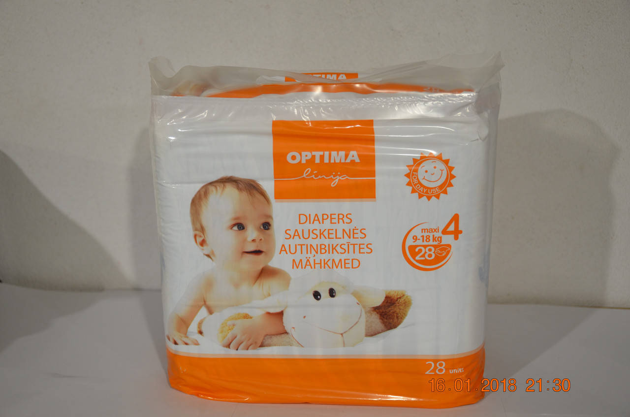 

Подгузники Optima 4 28 штук, 9-18 кг, Белый