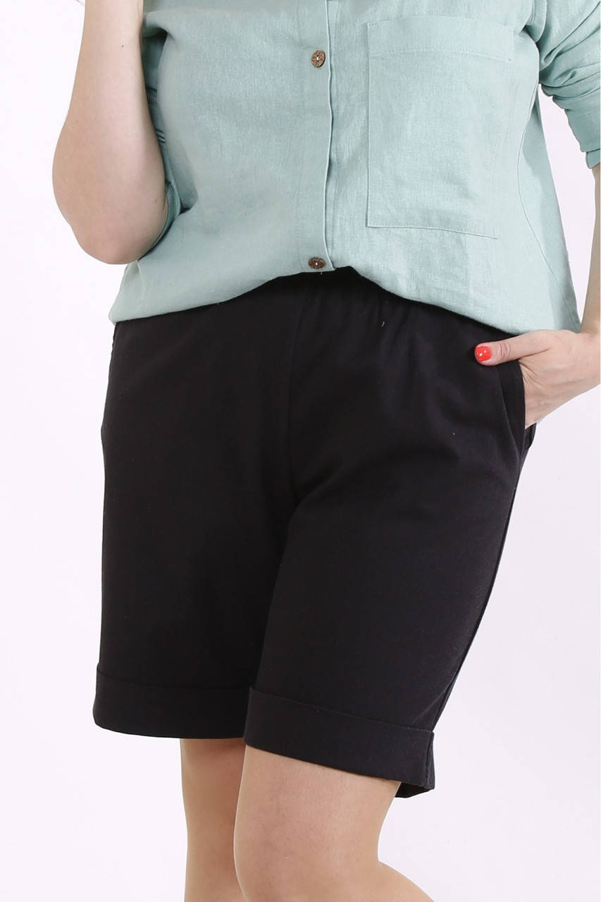 

Черные шорты женские льняные свободные на резинке большого размера 42-74. b075-5 56, Черный