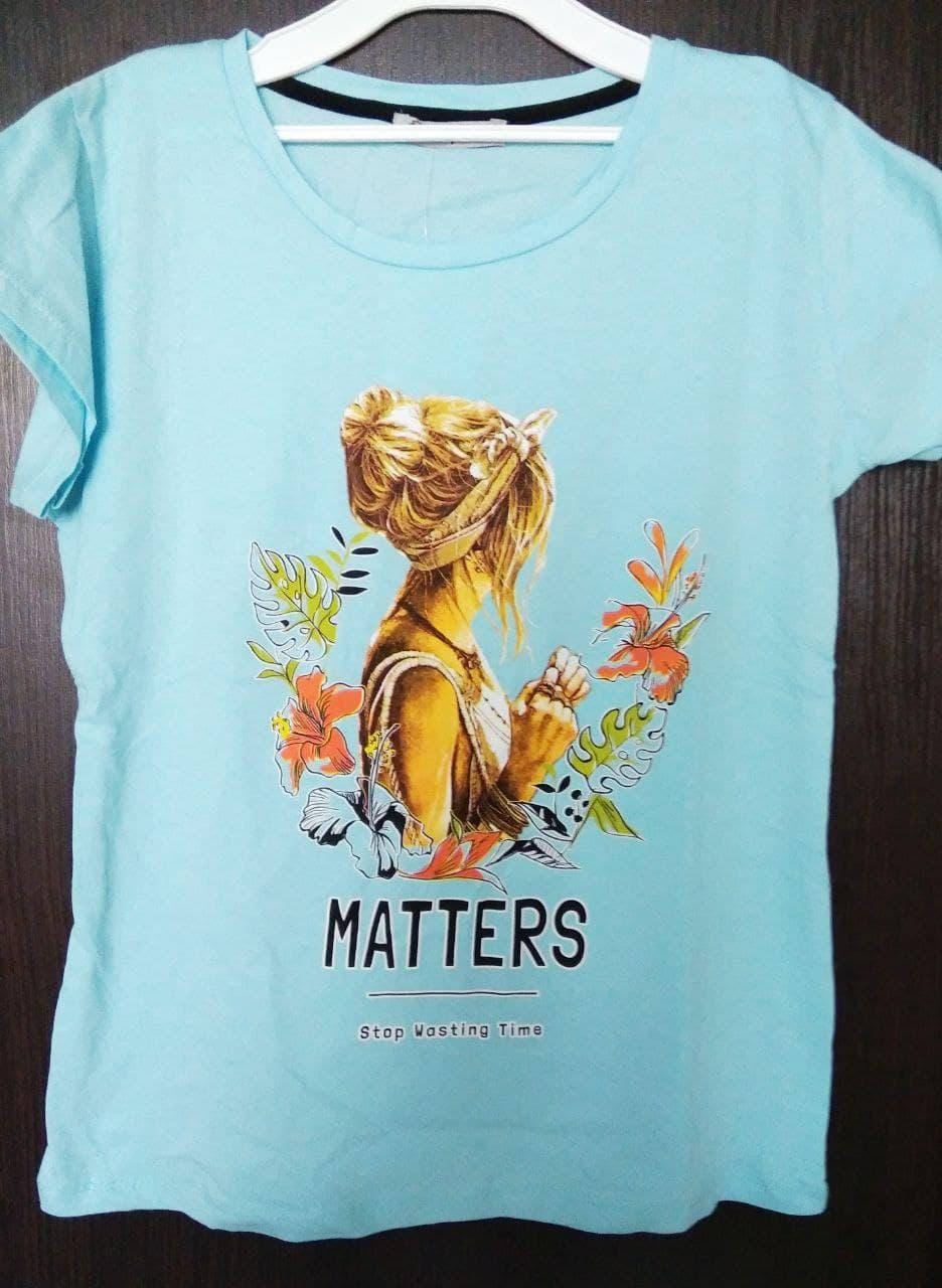 

Футболка женская голубая с девушкой натуральная Турция M, Голубой