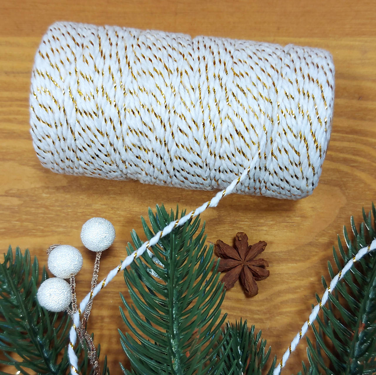 

Шнур хлопковый крученый, золото с белым, 2 мм