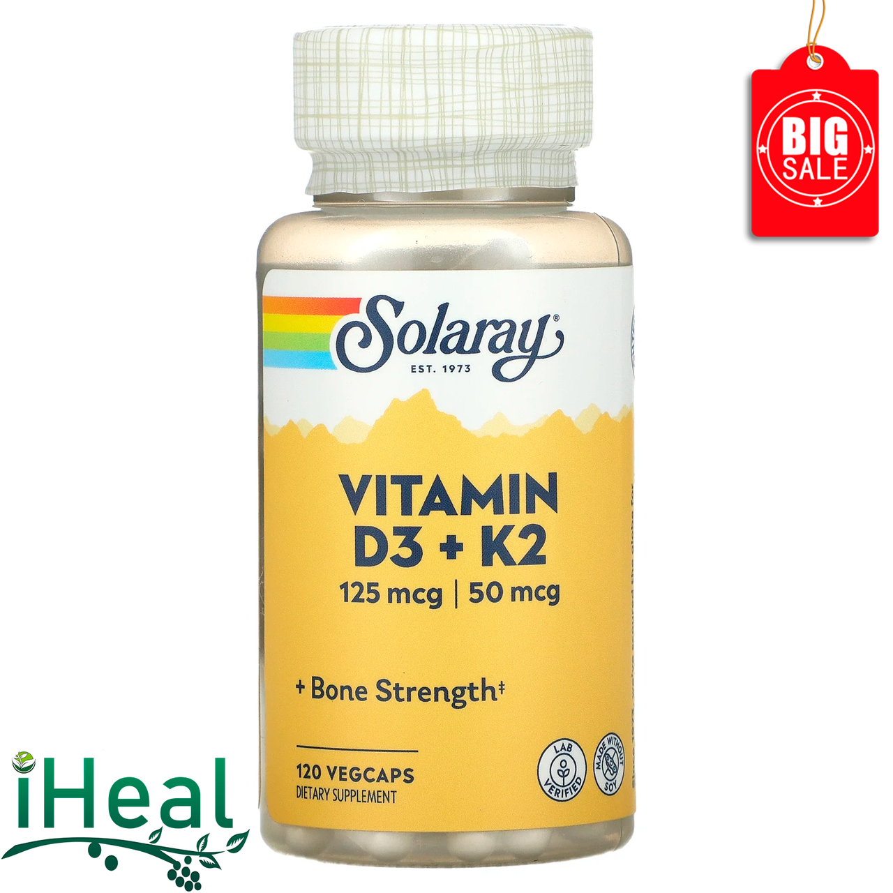 

Solaray, витамины D3 и K2, без сои, 125 мкг (5000 МЕ), 120 растительных капсул